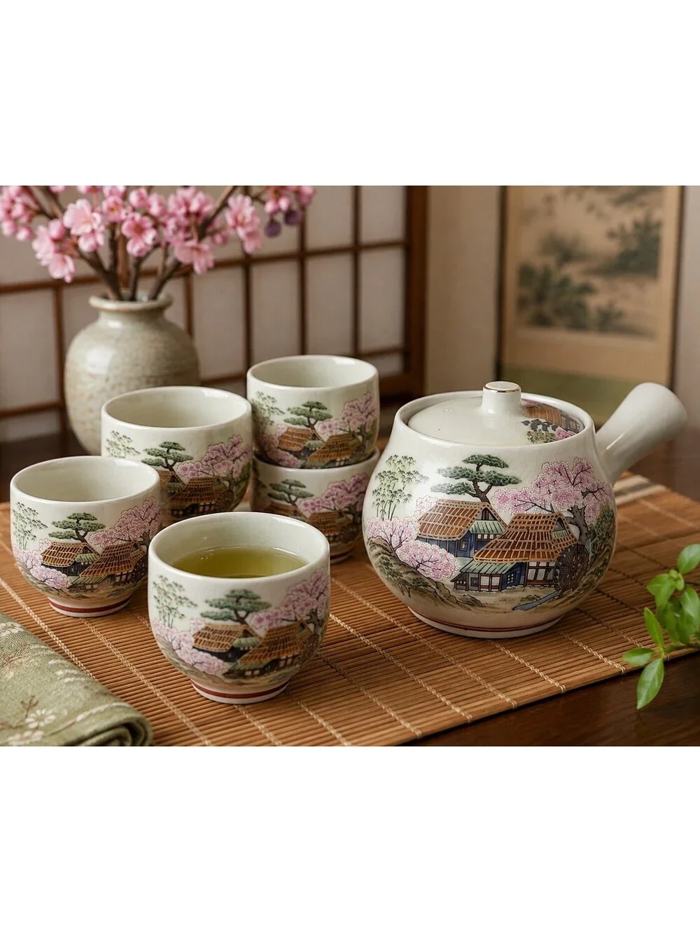 Vintage Japanese Tea Set Kyusu Teapot 5 Cups Cherry Blossom Moriage Japan